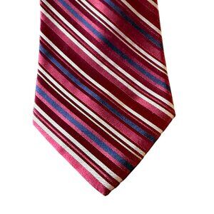 DKNY Mens Striped 100% Silk Tie Necktie Burgundy Blue White Classic Job Attire